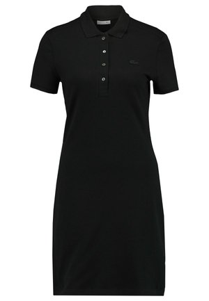 Svart polo kjole med korte ermer, krage, treknapping placket og en subtil logo på brystet. Laget av glatt, myk stoff.