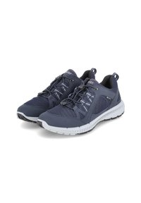 Scarpe sportive blu navy con tomaia in rete, lacci elastici e suola bianca. Presentano una punta rinforzata e dettagli testurizzati sui lati.