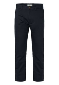 Navy chinos se rovnou nohavicemi, vyrobené z bavlněné tkaniny, s knoflíkovým zapínáním a bočními kapsami. Hladký povrch, minimalistický design.
