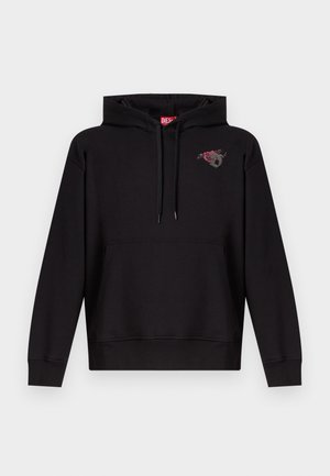 Felpa nera con cappuccio a coulisse, tasca frontale e piccolo disegno di una rosa rosa con una lettera "D" grigia sul petto a sinistra.