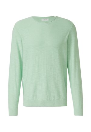 Lichtgroene trui gemaakt van zacht, gestructureerd stof. Heeft lange mouwen, een ronde hals en geribbelde manchetten en zoom. Geen zichtbare patronen of accenten.