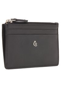 Zwarte leren portemonnee met meerdere kaartsleuven, een ritsvak, zilveren logo-detail en gestikte randen. Compact rechthoekig ontwerp.