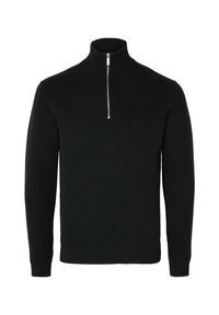 Czarny, dzianinowy sweter z wysokim kołnierzem. Posiada zamek błyskawiczny z przodu do połowy oraz ściągacze przy rękawach i u dołu. Tekstura wydaje się miękka i ciepła.