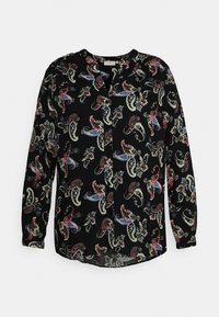 Black long-sleeve blouse featuring a colorful paisley pattern in blue, red, and white. V-neckline with a button closure at the front.