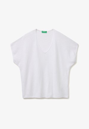 Witte, korte mouwen, gebreide top met V-hals en losse pasvorm, met een groen United Colors of Benetton-label bij de halslijn.