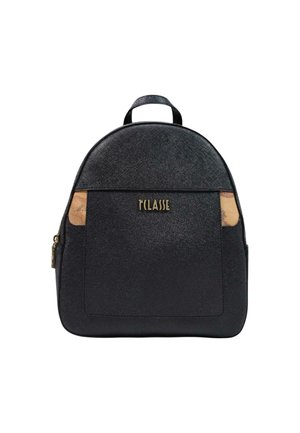 Zainetto nero piccolo con materiale strutturato, tasca frontale, cerniera dorata e testo del logo "TCLASSE" sul pannello frontale.