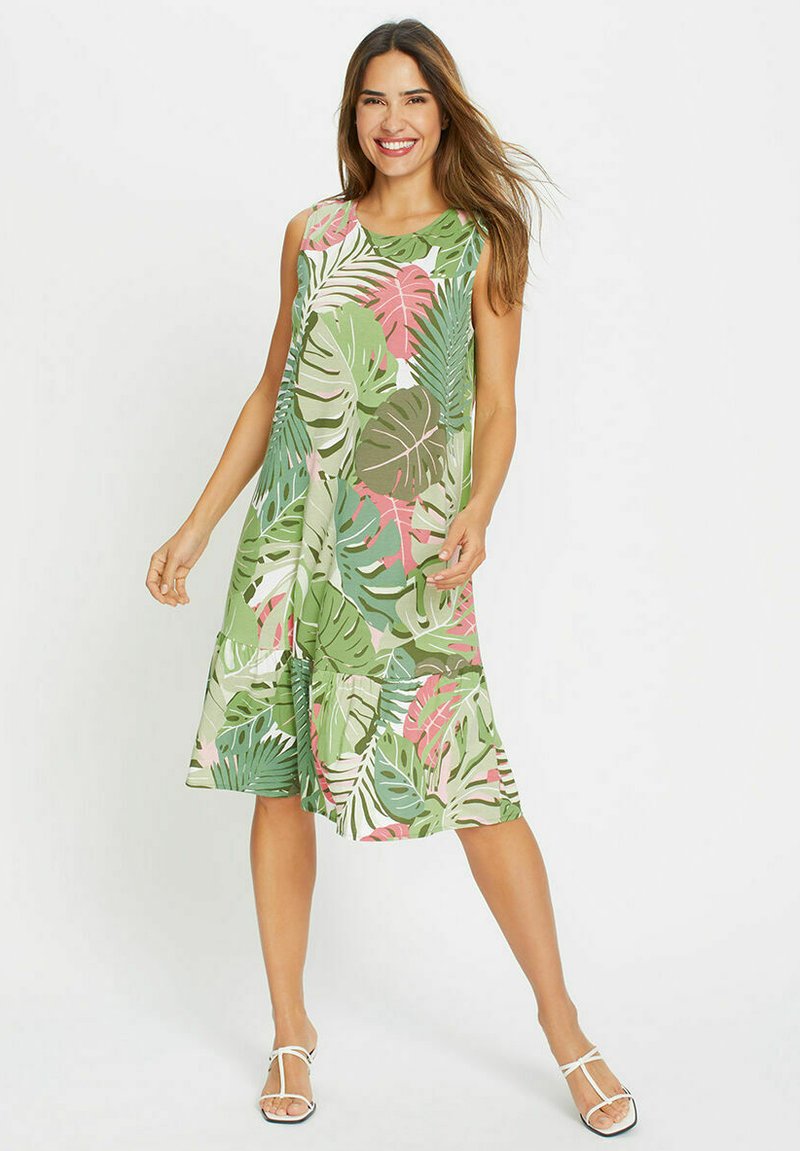 Ärmelloses, knielanges Kleid mit einem grünen tropischen Blattmuster und pinken Akzenten, aus leichtem Stoff; A-Linien-Silhouette.