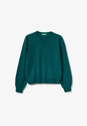 Teal crewneck trui van zachte stof, met lange mouwen en ribgebreide boorden en zoom, met een effen, gladde textuur.