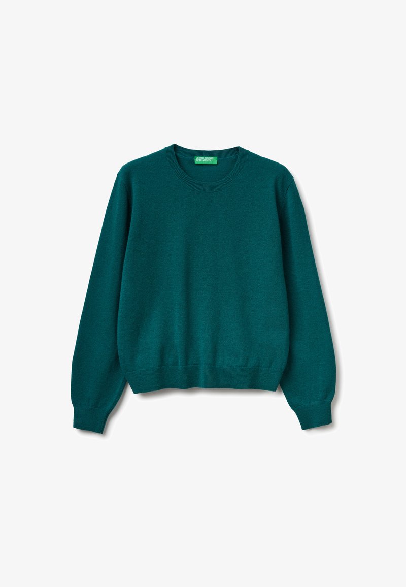 Maglione a girocollo color teal realizzato in tessuto morbido, con maniche lunghe e polsini e orlo a costine, caratterizzato da una texture liscia e senza stampe.