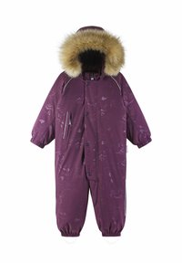 Purple insulated one-piece suit with a faux fur hood, elastic cuffs, and subtle animal patterns. Features button closure and side pockets.