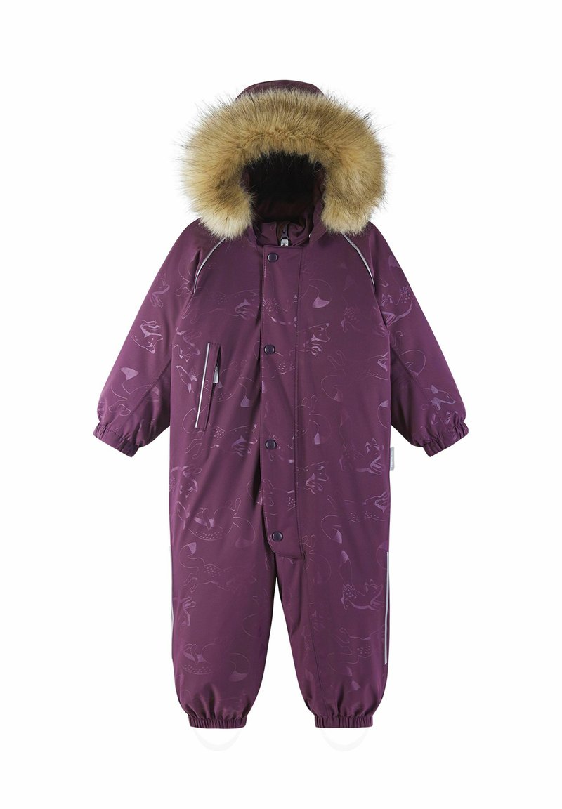 Purple insulated one-piece suit with a faux fur hood, elastic cuffs, and subtle animal patterns. Features button closure and side pockets.