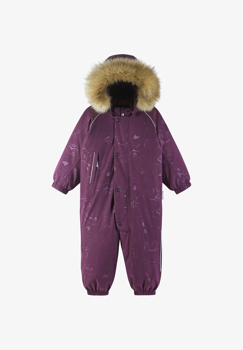 Purple insulated one-piece suit with a faux fur hood, elastic cuffs, and subtle animal patterns. Features button closure and side pockets.