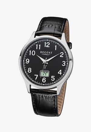 Round black watch with white numerals, silver bezel, and black leather strap. Features an LCD display showing temperature.