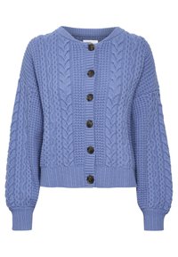 Blå virkade cardigan med ett texturerat kabelmönster, rund halsringning, långa ärmar och sex stora mörka knappar på framsidan.