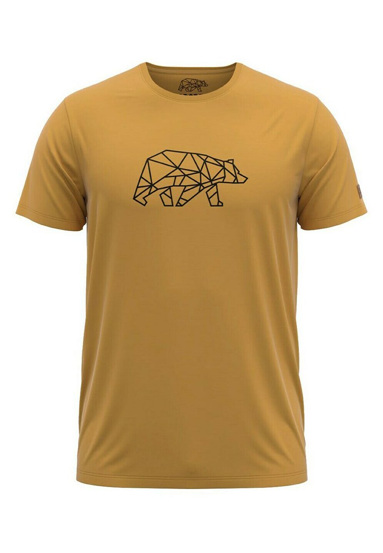 Camiseta de manga corta y cuello redondo en color mostaza con un gráfico de oso geométrico negro en el frente. Fabricada con una tela suave y ligera.