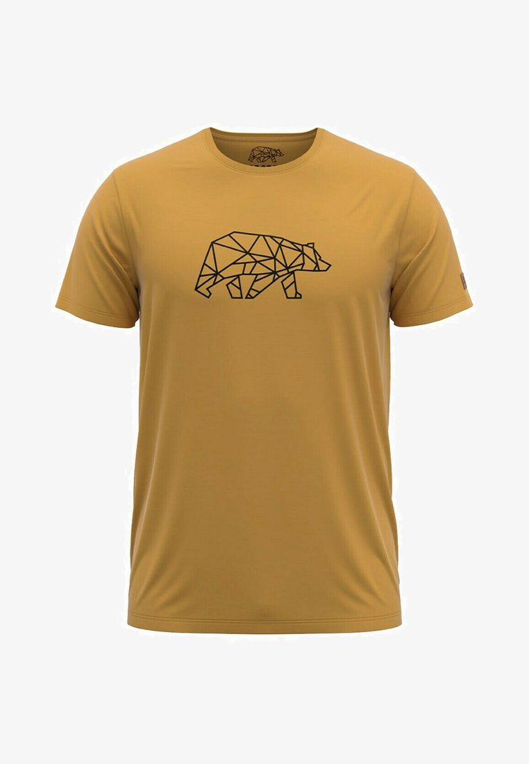 Camiseta de manga corta y cuello redondo en color mostaza con un gráfico de oso geométrico negro en el frente. Fabricada con una tela suave y ligera.