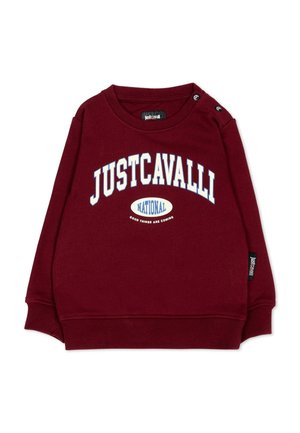 Bordowa bluza z długim rękawem z tekstem "JUSTCAVALLI NATIONAL" i hasłem "Good things are coming", z zatrzaskami na ramieniu.