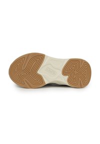 Suola in gomma per sneaker con un design testurizzato color beige; presenta motivi curvi; accentuazione bianca sul tallone con il marchio "HUMAN" impresso.