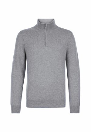 Grå pikétröja med hög krage och halvdragkedja framtill. Tillverkad av ett mjukt, stickat material med ribbade manschetter och nederkant.