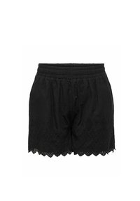 Melni šorti ar elastīgu jostu, ar broderie anglaise dizainu un viļņotu maliņu. Izgatavoti no viegla kokvilnas auduma.