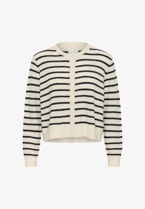 Kremowy kardigan z guzikami, z czarnymi poziomymi paskami oraz prążkowanymi mankietami, kołnierzem i dołem.