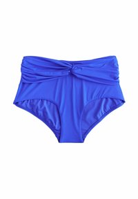 Visoko pasovi bikini kopalke v živahni kraljevo modri tkanini. Imajo zasnovo z zasukanim sprednjim delom in mehko, gladko teksturo.