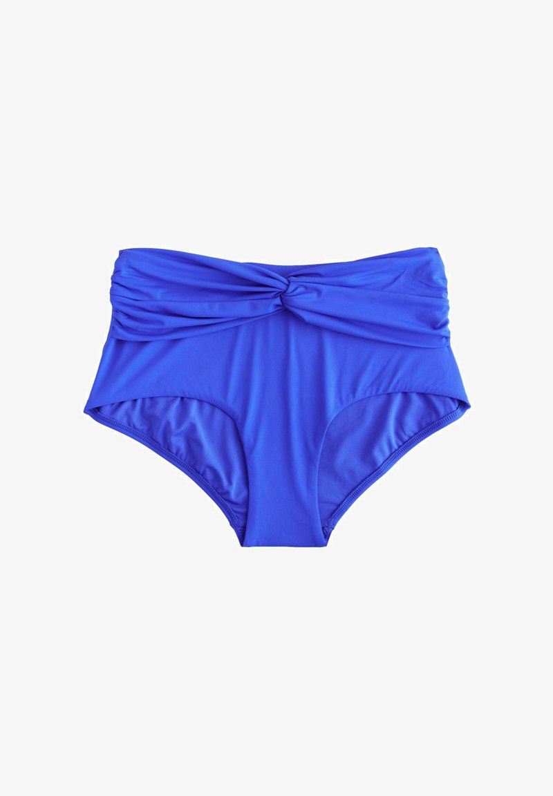 Visoko pasovi bikini kopalke v živahni kraljevo modri tkanini. Imajo zasnovo z zasukanim sprednjim delom in mehko, gladko teksturo.