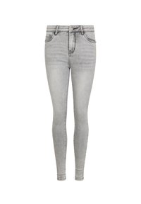 Jeans skinny de tiro alto de color gris claro con botón frontal, cremallera, lazos para cinturón y bolsillos delanteros y traseros, mostrados sobre fondo blanco.