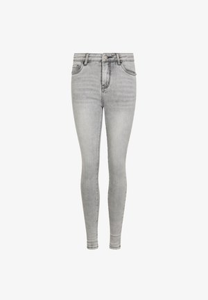 Jeans skinny a vita alta grigio chiaro, con bottone frontale, cerniera, passanti per cintura e tasche anteriori e posteriori, esposti su sfondo bianco.