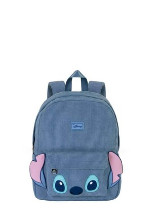 Sac à dos en velours côtelé bleu clair avec un design du personnage Stitch, oreilles roses et grands yeux bleus, poche zippée à l'avant et bretelles réglables.
