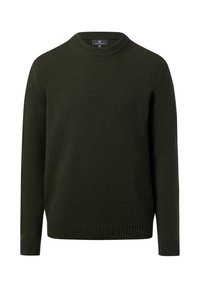 Ciemnozielony sweter z dzianiny, z okrągłym dekoltem, ści�ągaczami przy mankietach i dole. Prosty design o miękkiej fakturze, odpowiedni do codziennego noszenia.