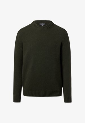 Donkergroene gebreide trui met een ronde hals, geribbelde manchetten en zoom. Eenvoudig ontwerp met een zachte textuur, geschikt voor casual dragen.