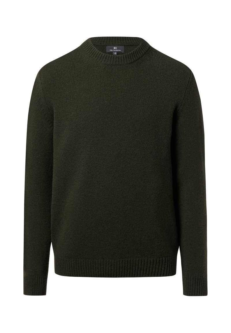 Ciemnozielony sweter z dzianiny, z okrągłym dekoltem, ściągaczami przy mankietach i dole. Prosty design o miękkiej fakturze, odpowiedni do codziennego noszenia.