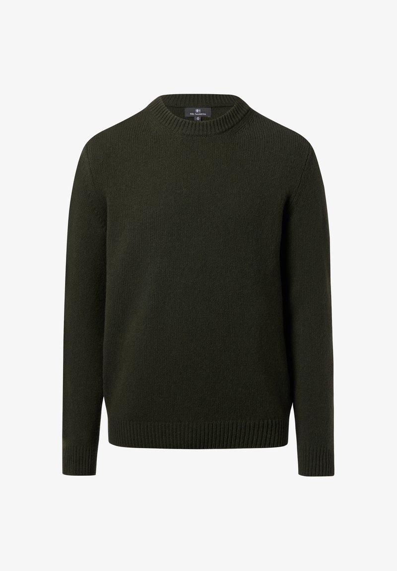 Maglione verde scuro lavorato a maglia con scollo rotondo, polsini e orlo a coste. Design semplice con una texture morbida, adatto per un abbigliamento casual.