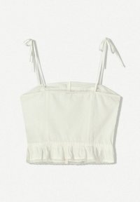 Top bianco corto in cotone, con sottili spalline regolabili, scollatura dritta e orlo arricciato con bordo in pizzo.