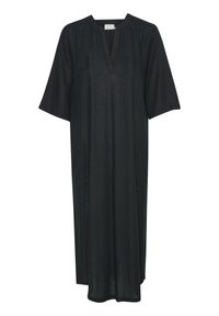 Vestido de lino negro con un corte holgado, mangas cortas, escote en V y bolsillos laterales. La tela tiene una textura suave y un aspecto ligero.