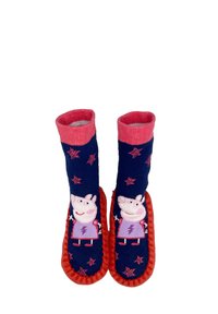 Calzado infantil con parte superior de tela azul y puños rosas, suela de goma y diseño de un personaje de un cerdo de dibujos animados.