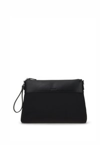 Borsa nera realizzata in nylon e pelle con una superficie liscia, chiusura con zip e un cinturino per il polso staccabile. Design semplice e rettangolare.