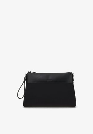 Black handbag made of nylon and leather with a smooth texture, zip closure, and a detachable wrist strap. Simple, rectangular design.