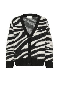 Cardigan cu dungi zebra în alb și negru, realizat din lână texturată, cu guler în V, închidere cu nasturi și mansete și tiv cu nervuri.