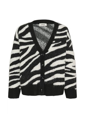 Black and white zebra-striped cardigan, made of textured yarn, featuring a V-neck, button front, and ribbed cuffs and hem.