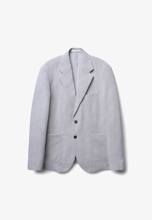Blazer in corda grigia chiara con revers a notched, due tasche frontali e due bottoni neri. Tessuto testurizzato, design a un solo petto.