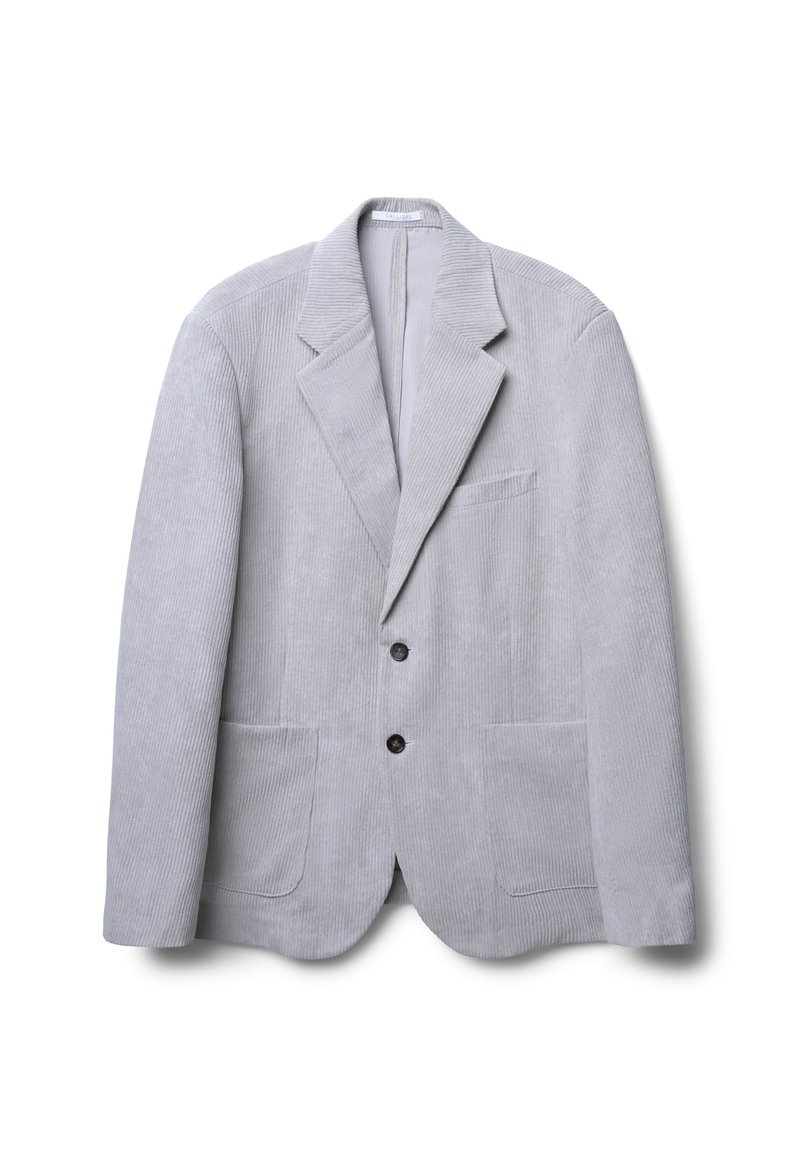 Hellgrauer Cord-Blazer mit Revers, zwei Fronttaschen und zwei schwarzen Knöpfen. Strukturiertes Gewebe, einreihiges Design.