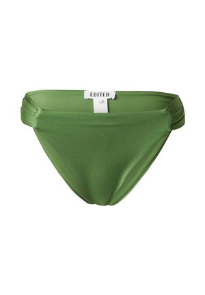 Groene bikini slip gemaakt van gladde, glanzende stof. Kenmerkt zich door geplooide details aan de zijkanten en een rechte tailleband met een label.