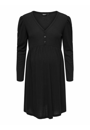 Rochie neagră midi cu manșete lungi și puff, decolteu în V și închidere cu trei nasturi în față. Material texturat cu dungi, siluetă fluidă.