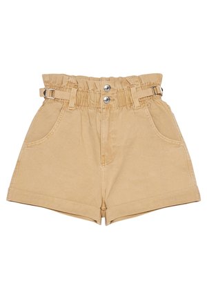 Beige shorts med høj talje med elastisk rynket taljebånd, dobbelt knaplukning, justerbare side spænder, forlommer og opsmøg.