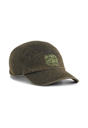 Khaki denimkasket med en buet skygge, lysegrøn broderet design af tegneseriefigurer på forsiden og en tekstureret overflade.