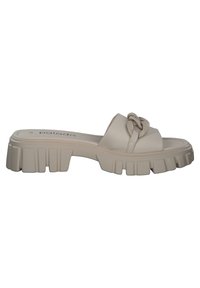 Sandalo scivoloso beige chiaro con suola in gomma spessa, caratterizzato da una larga fascia con un accento intrecciato e una finitura opaca liscia.