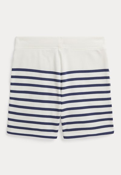 Βαμβακερά σορτς με λευκή βάση και οριζόντιες ναυτικές ρίγες, με μονόχρωμη ζώνη μέσης και απαλή υφή. Απλός σχεδιασμός, μήκος μέχρι το γόνατο.