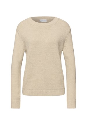 Beige strikket sweater med lange ærmer og rund halsudskæring, med ribstrikkede manchetter og kant, mærket "Street One Studio."